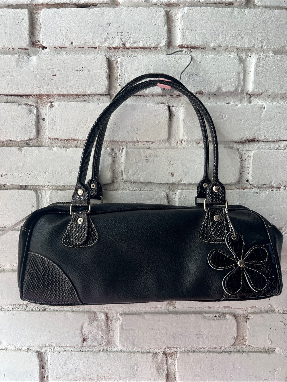 Black Floral Accent Shoulder Bag with Double Handles